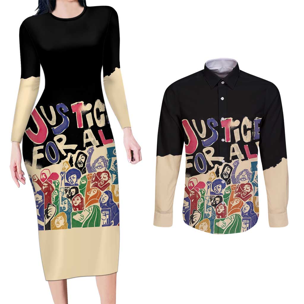 African Stand Firm Justice Now Couples Matching Long Sleeve Bodycon Dress and Long Sleeve Button Shirt