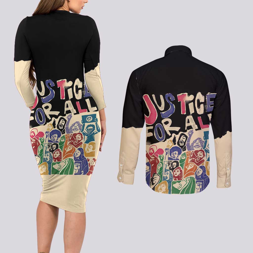 African Stand Firm Justice Now Couples Matching Long Sleeve Bodycon Dress and Long Sleeve Button Shirt