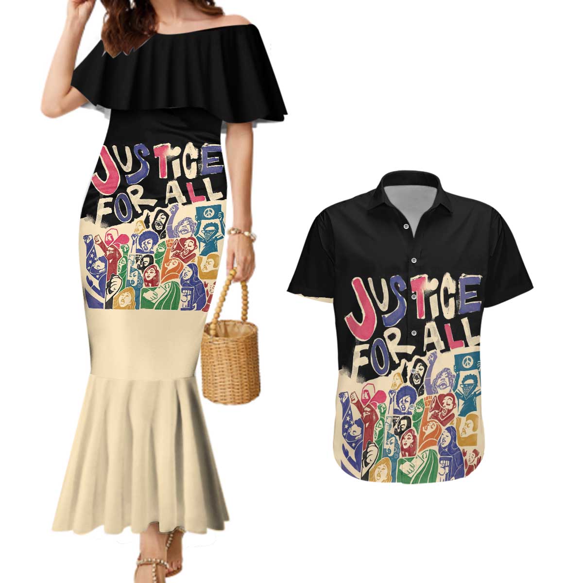 African Stand Firm Justice Now Couples Matching Mermaid Dress and Hawaiian Shirt