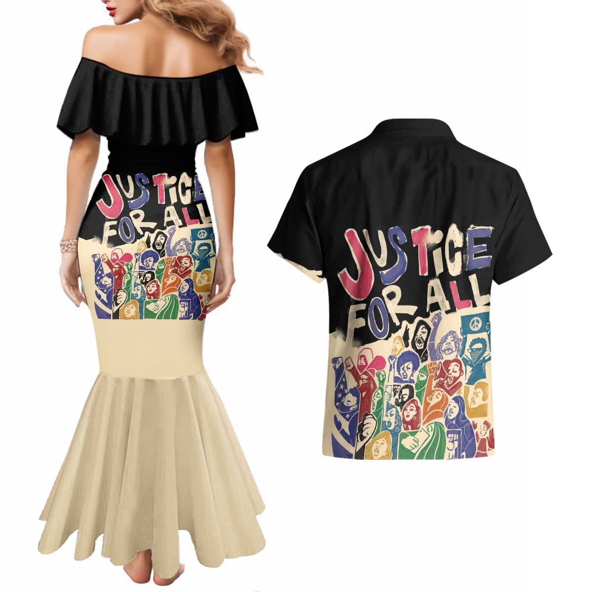 African Stand Firm Justice Now Couples Matching Mermaid Dress and Hawaiian Shirt