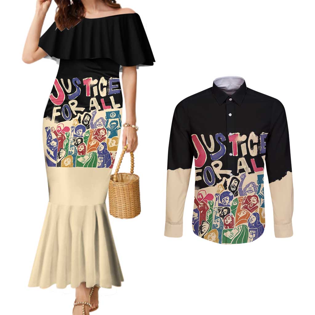 African Stand Firm Justice Now Couples Matching Mermaid Dress and Long Sleeve Button Shirt