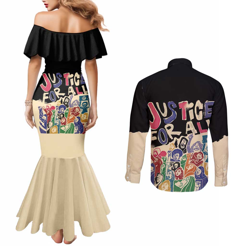 African Stand Firm Justice Now Couples Matching Mermaid Dress and Long Sleeve Button Shirt