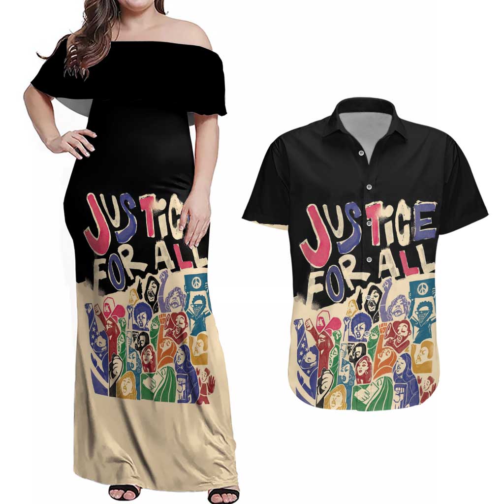 African Stand Firm Justice Now Couples Matching Off Shoulder Maxi Dress and Hawaiian Shirt