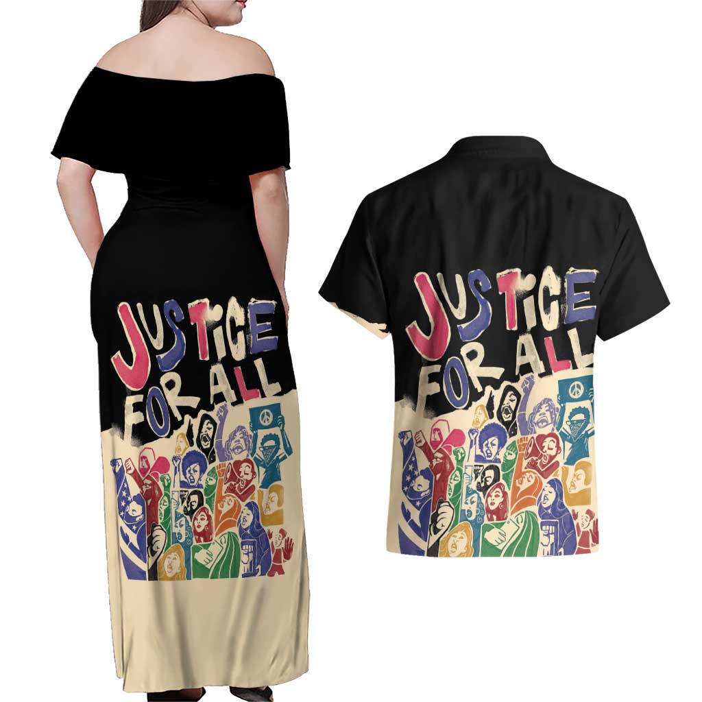 African Stand Firm Justice Now Couples Matching Off Shoulder Maxi Dress and Hawaiian Shirt
