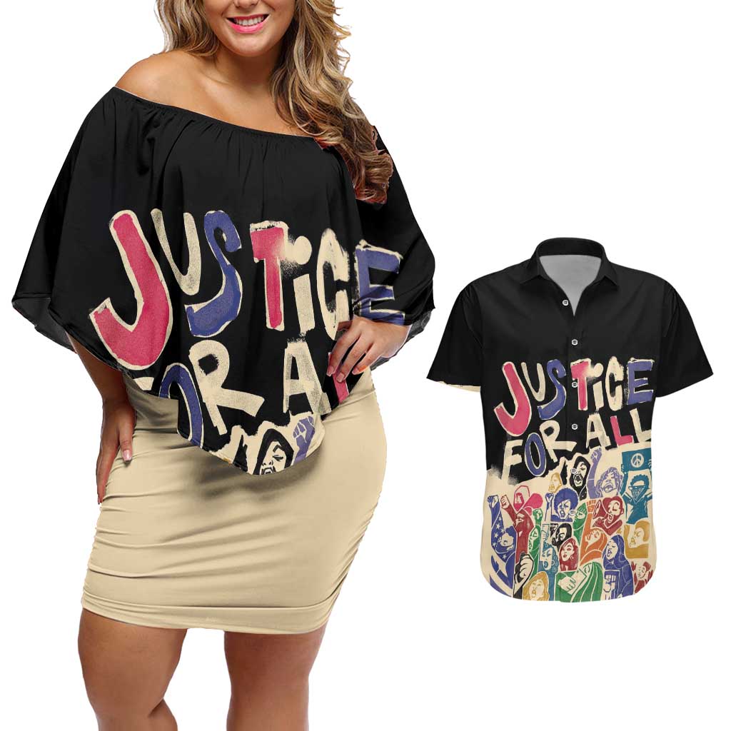 African Stand Firm Justice Now Couples Matching Off Shoulder Short Dress and Hawaiian Shirt