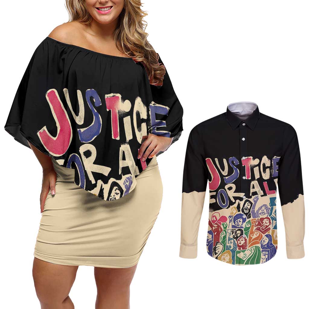 African Stand Firm Justice Now Couples Matching Off Shoulder Short Dress and Long Sleeve Button Shirt