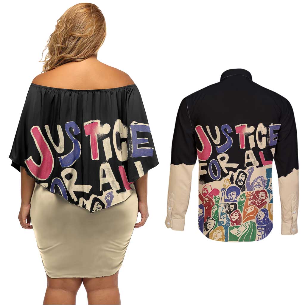 African Stand Firm Justice Now Couples Matching Off Shoulder Short Dress and Long Sleeve Button Shirt