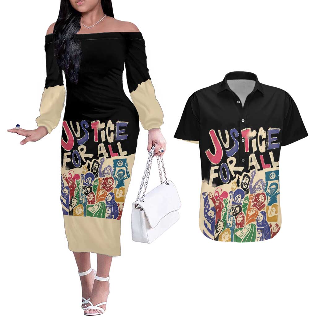 African Stand Firm Justice Now Couples Matching Off The Shoulder Long Sleeve Dress and Hawaiian Shirt