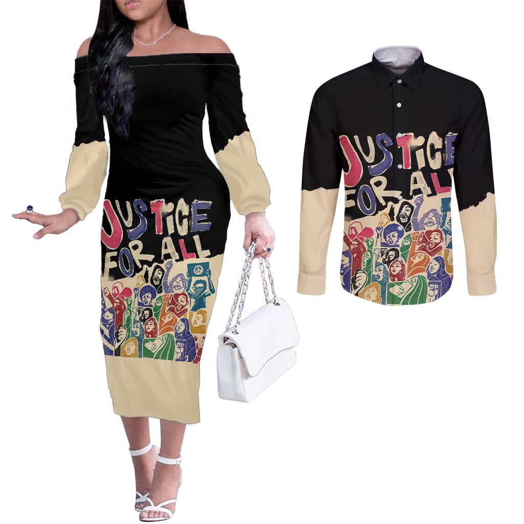 African Stand Firm Justice Now Couples Matching Off The Shoulder Long Sleeve Dress and Long Sleeve Button Shirt