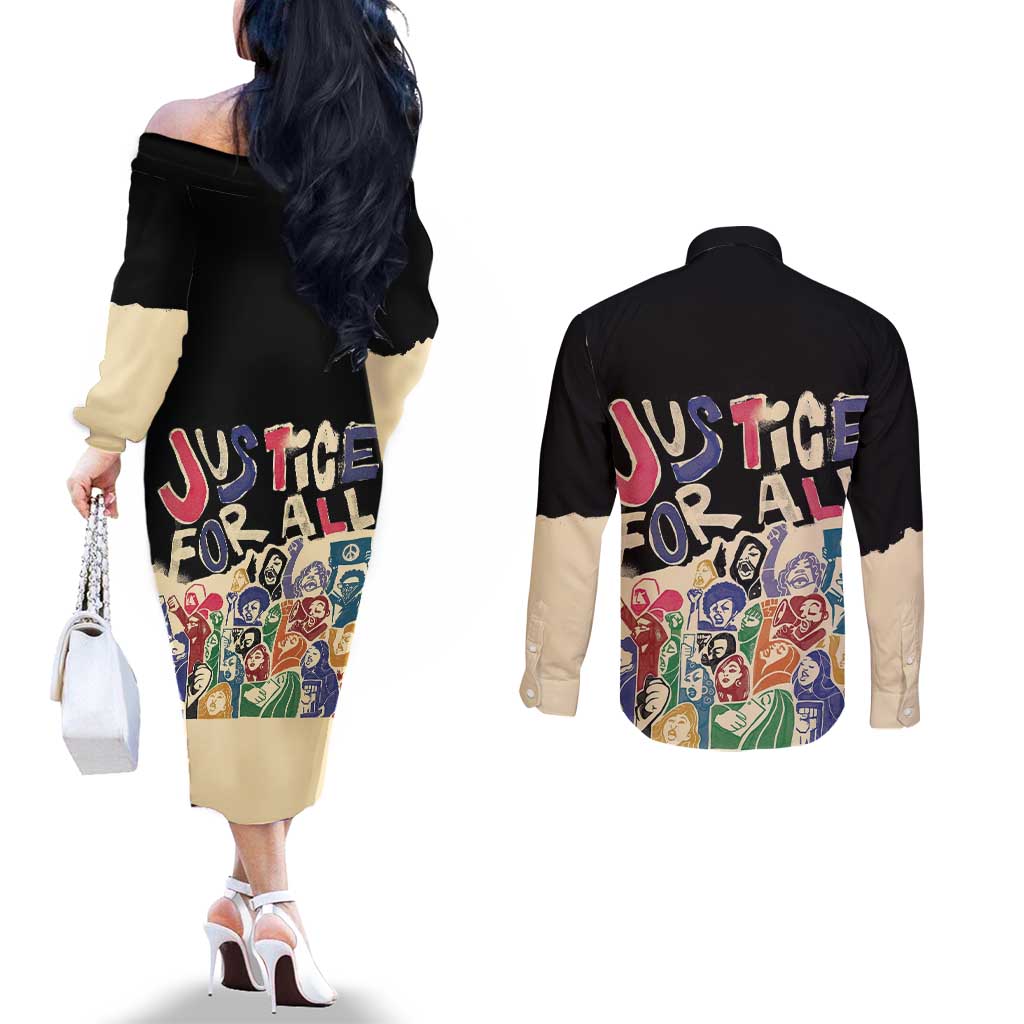 African Stand Firm Justice Now Couples Matching Off The Shoulder Long Sleeve Dress and Long Sleeve Button Shirt