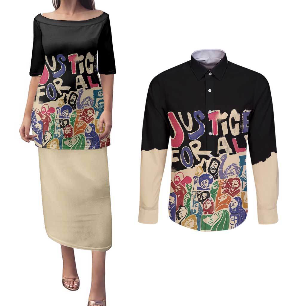 African Stand Firm Justice Now Couples Matching Puletasi and Long Sleeve Button Shirt