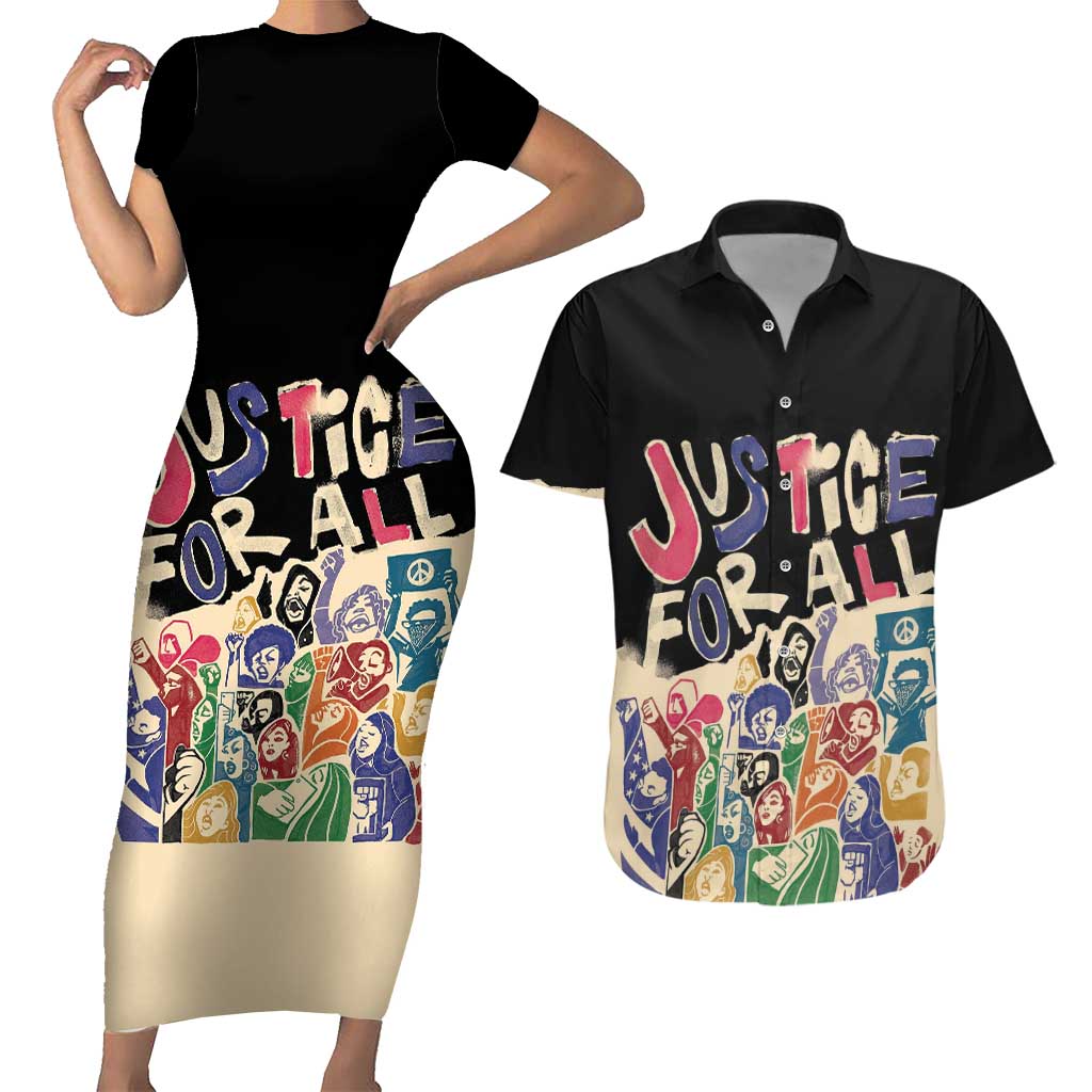African Stand Firm Justice Now Couples Matching Short Sleeve Bodycon Dress and Hawaiian Shirt