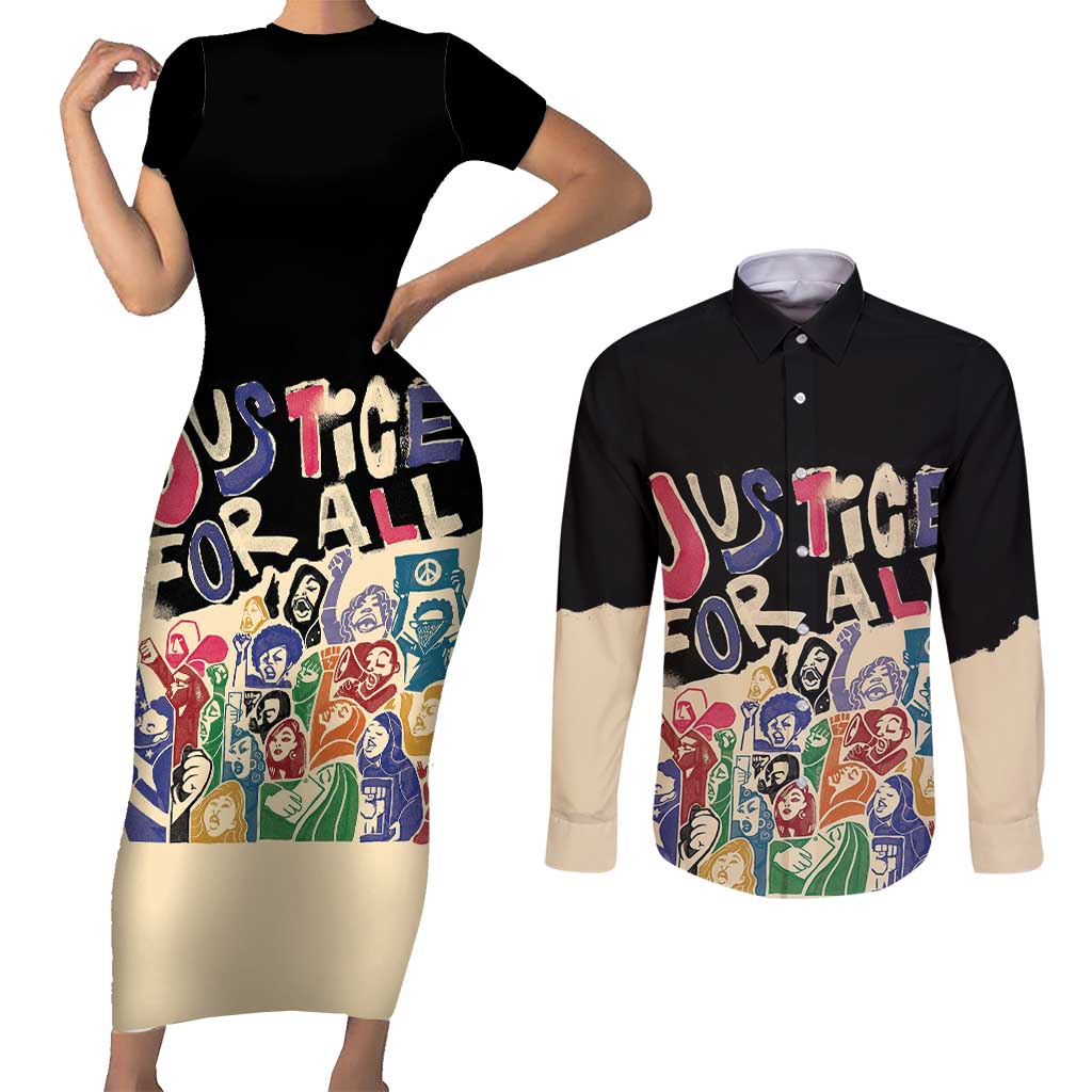 African Stand Firm Justice Now Couples Matching Short Sleeve Bodycon Dress and Long Sleeve Button Shirt