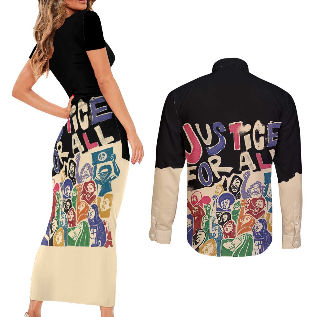 African Stand Firm Justice Now Couples Matching Short Sleeve Bodycon Dress and Long Sleeve Button Shirt