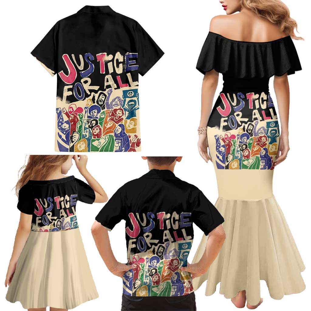 African Stand Firm Justice Now Family Matching Mermaid Dress and Hawaiian Shirt