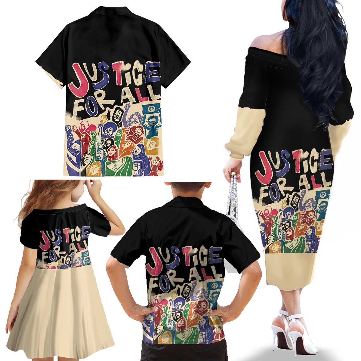 African Stand Firm Justice Now Family Matching Off The Shoulder Long Sleeve Dress and Hawaiian Shirt