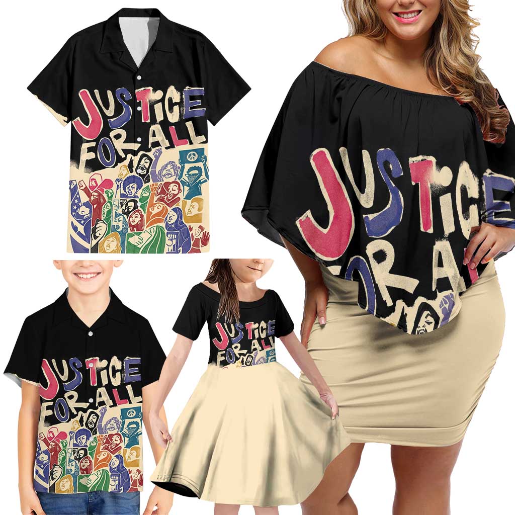 African Stand Firm Justice Now Family Matching Off Shoulder Short Dress and Hawaiian Shirt