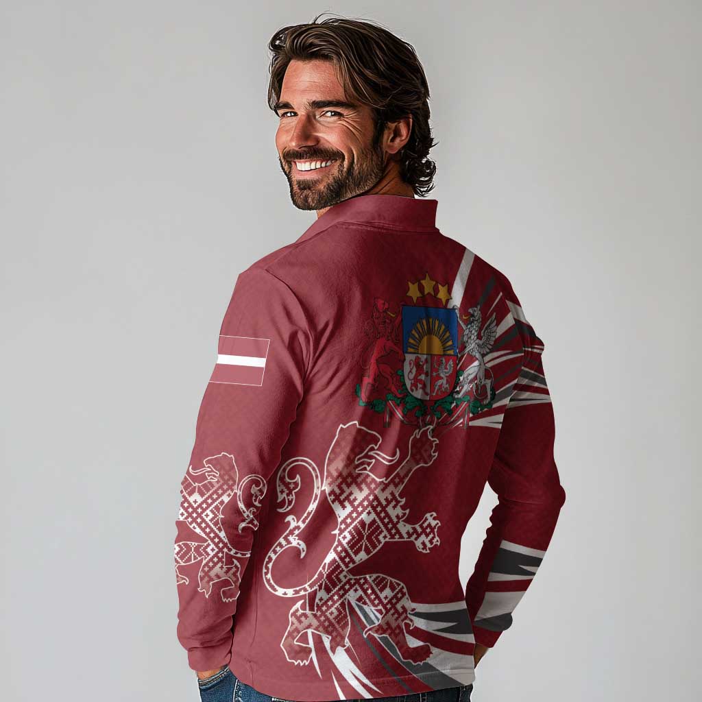 Latvia Long Sleeve Polo Shirt Latvian Lion Traditional Pattern
