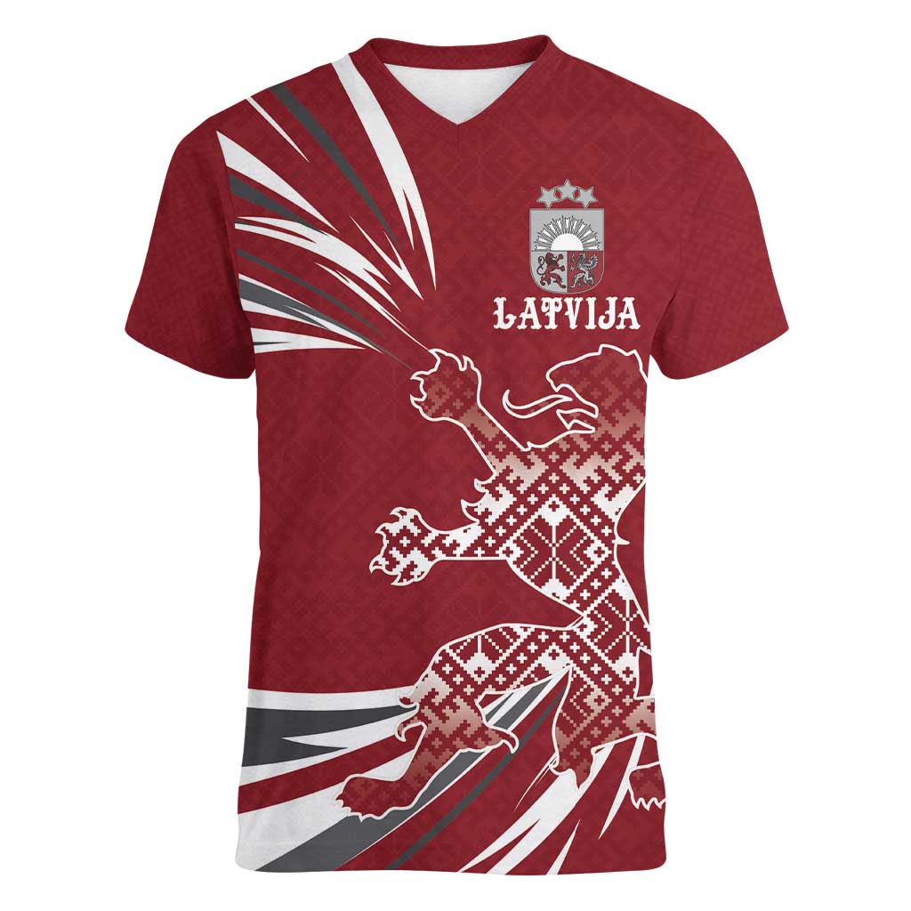 Latvia Women V-Neck T-Shirt Latvian Lion Traditional Pattern