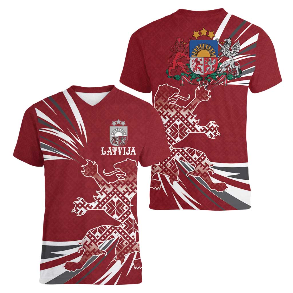 Latvia Women V-Neck T-Shirt Latvian Lion Traditional Pattern