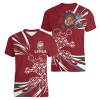 Latvia Women V-Neck T-Shirt Latvian Lion Traditional Pattern