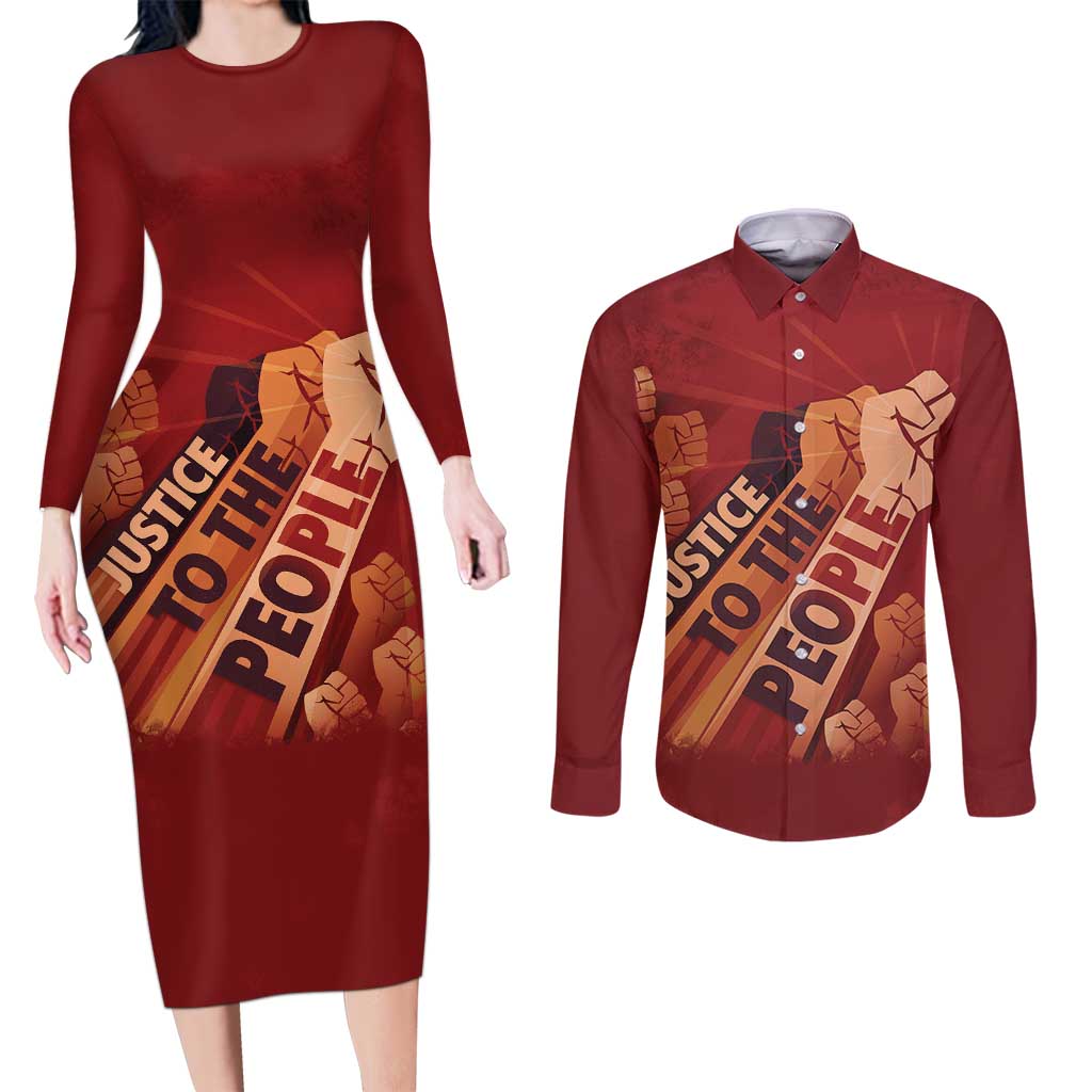 Justice To The People Couples Matching Long Sleeve Bodycon Dress and Long Sleeve Button Shirt African Raised Fist