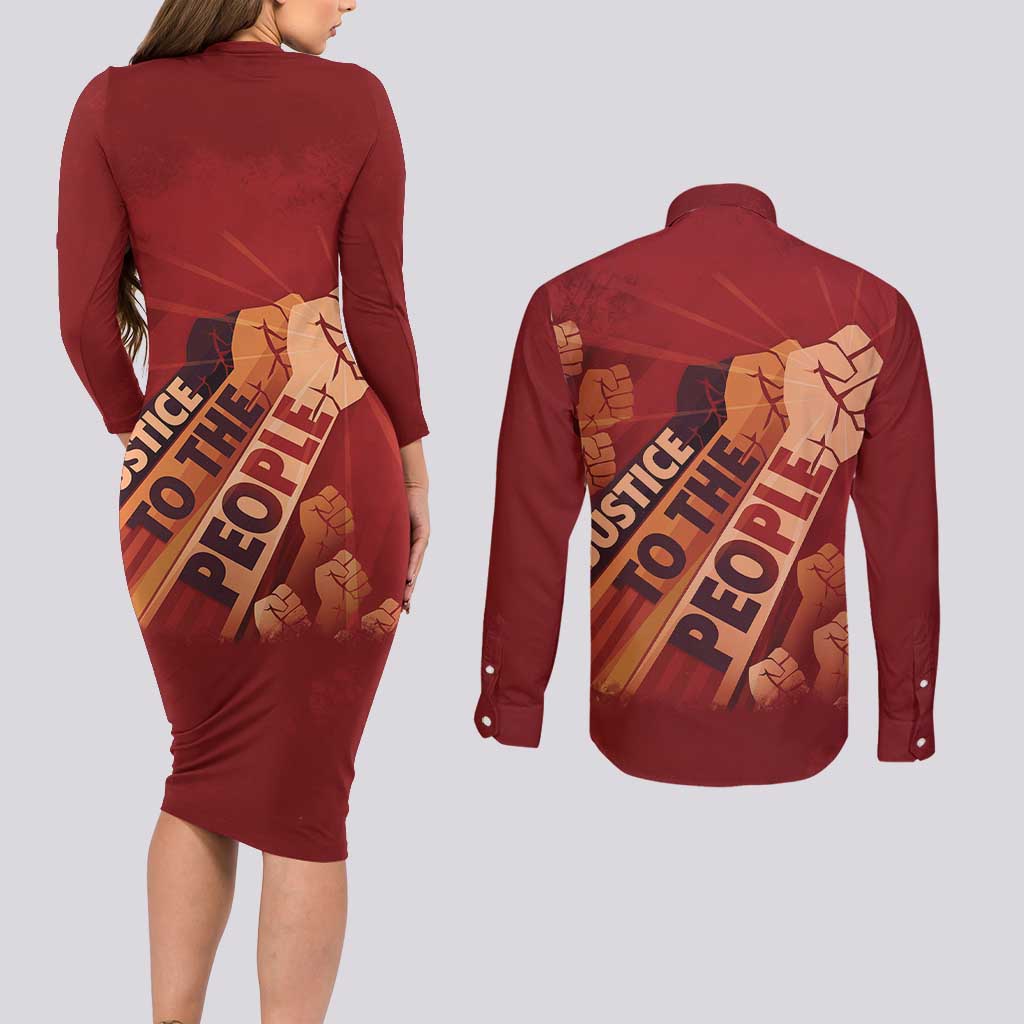 Justice To The People Couples Matching Long Sleeve Bodycon Dress and Long Sleeve Button Shirt African Raised Fist