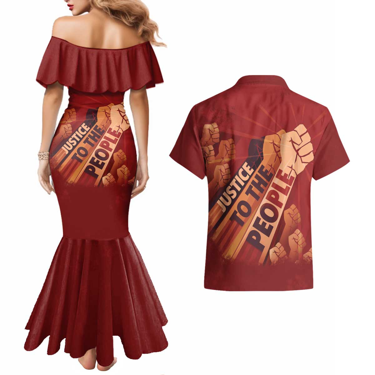 Justice To The People Couples Matching Mermaid Dress and Hawaiian Shirt African Raised Fist