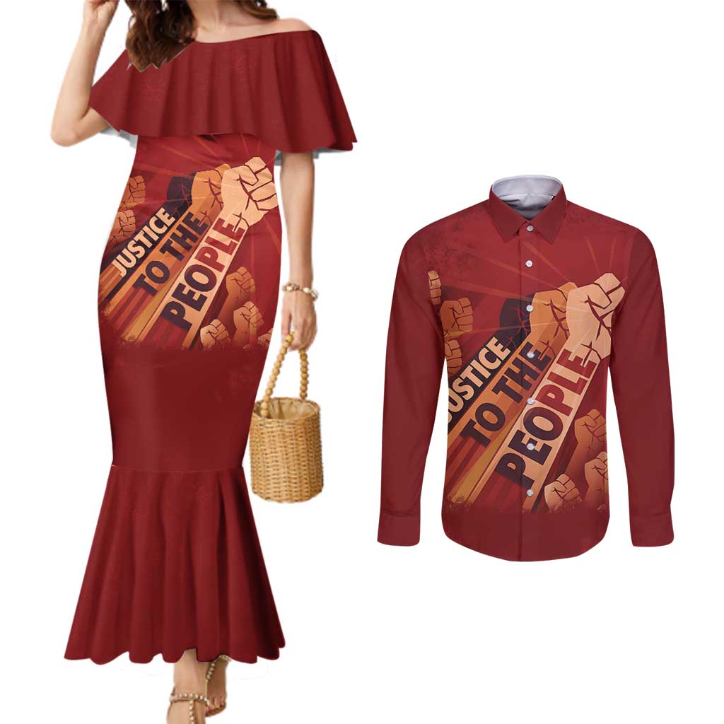 Justice To The People Couples Matching Mermaid Dress and Long Sleeve Button Shirt African Raised Fist