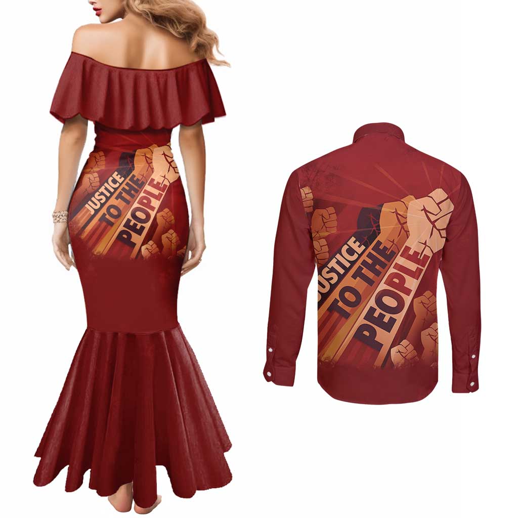 Justice To The People Couples Matching Mermaid Dress and Long Sleeve Button Shirt African Raised Fist
