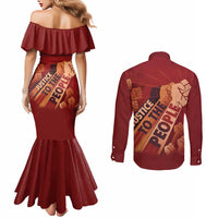 Justice To The People Couples Matching Mermaid Dress and Long Sleeve Button Shirt African Raised Fist