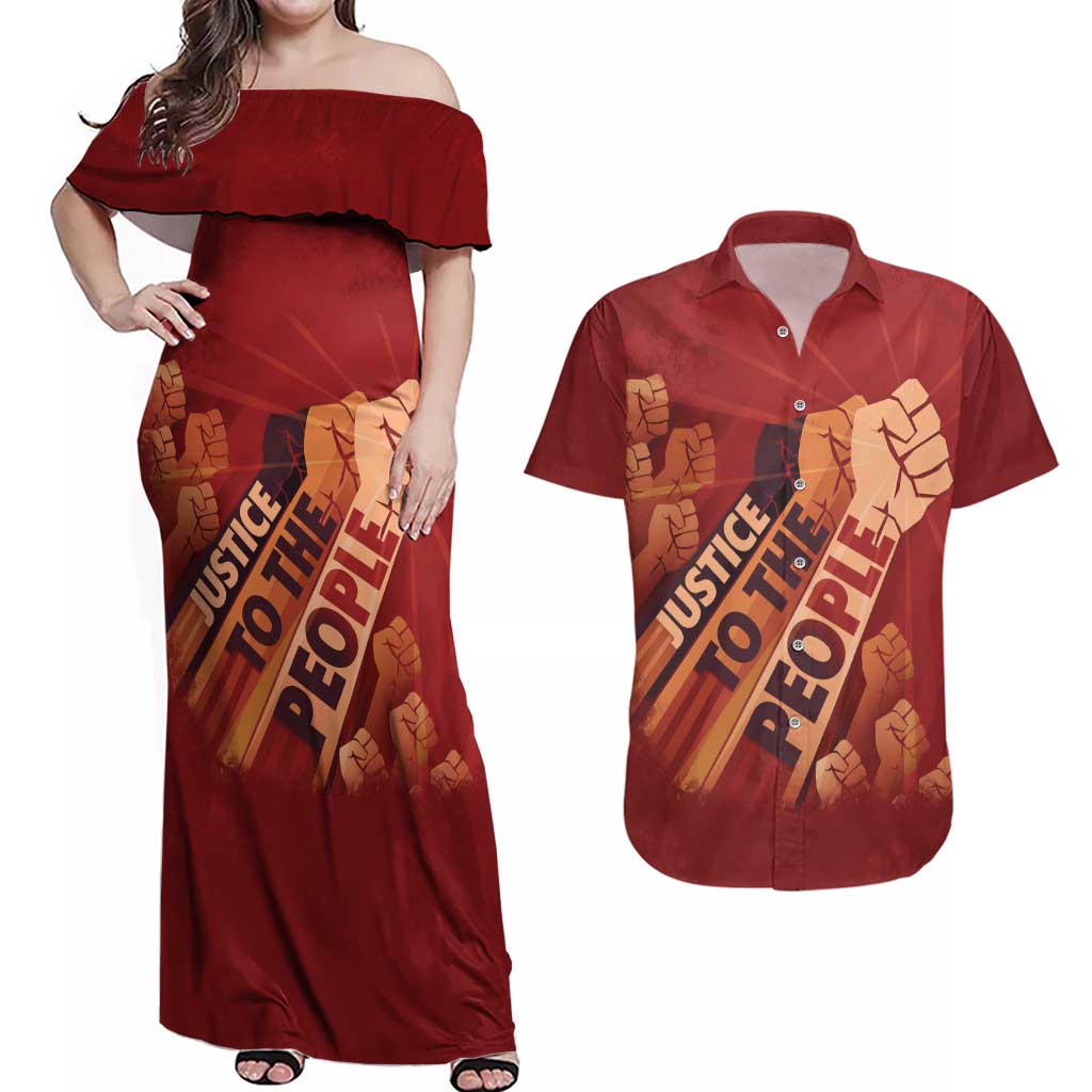 Justice To The People Couples Matching Off Shoulder Maxi Dress and Hawaiian Shirt African Raised Fist