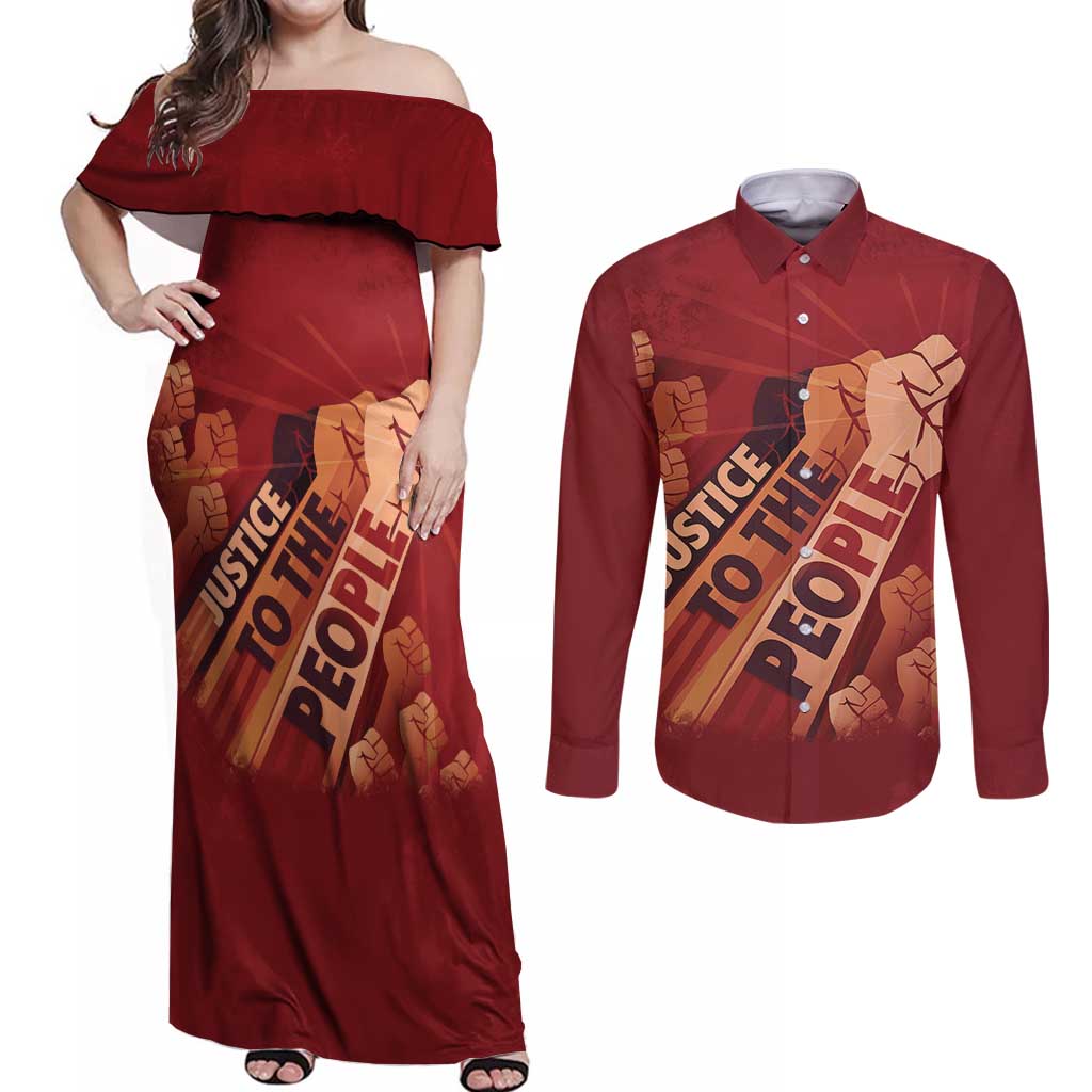Justice To The People Couples Matching Off Shoulder Maxi Dress and Long Sleeve Button Shirt African Raised Fist
