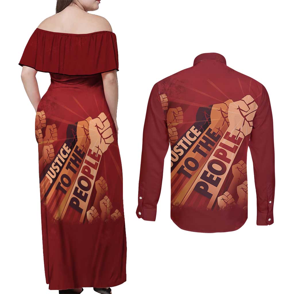 Justice To The People Couples Matching Off Shoulder Maxi Dress and Long Sleeve Button Shirt African Raised Fist