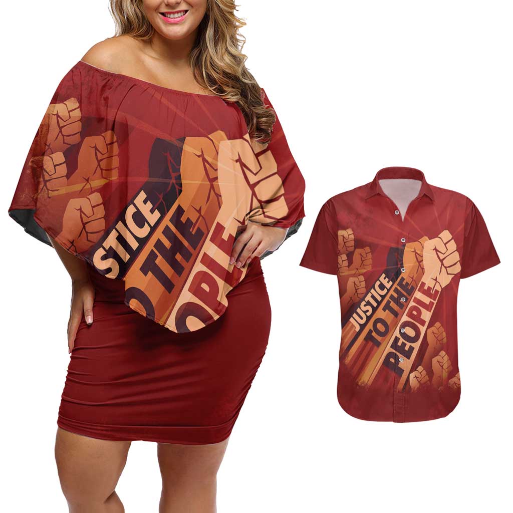 Justice To The People Couples Matching Off Shoulder Short Dress and Hawaiian Shirt African Raised Fist