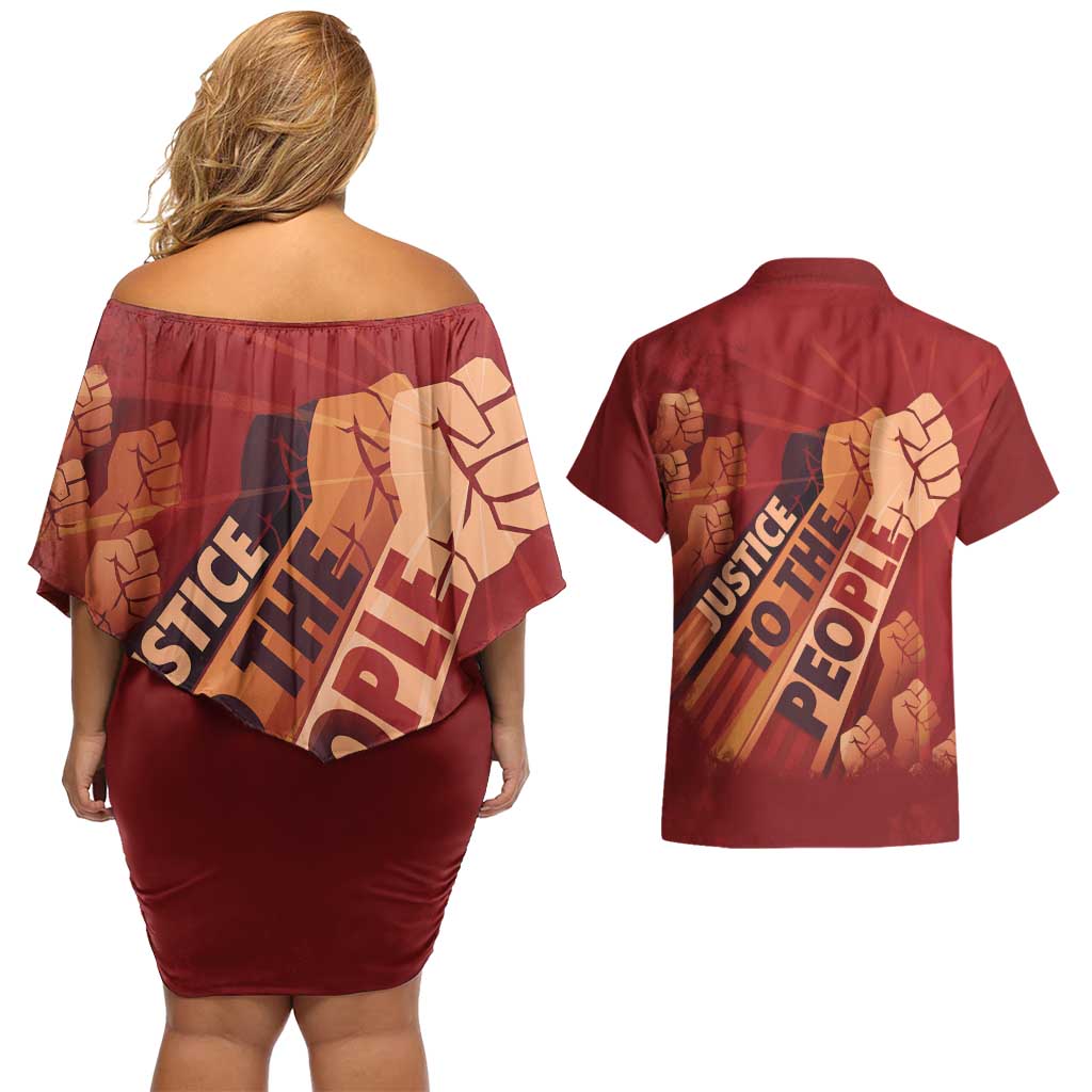 Justice To The People Couples Matching Off Shoulder Short Dress and Hawaiian Shirt African Raised Fist