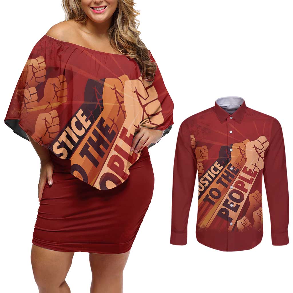Justice To The People Couples Matching Off Shoulder Short Dress and Long Sleeve Button Shirt African Raised Fist