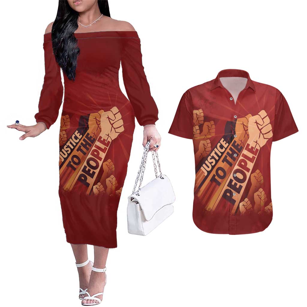 Justice To The People Couples Matching Off The Shoulder Long Sleeve Dress and Hawaiian Shirt African Raised Fist