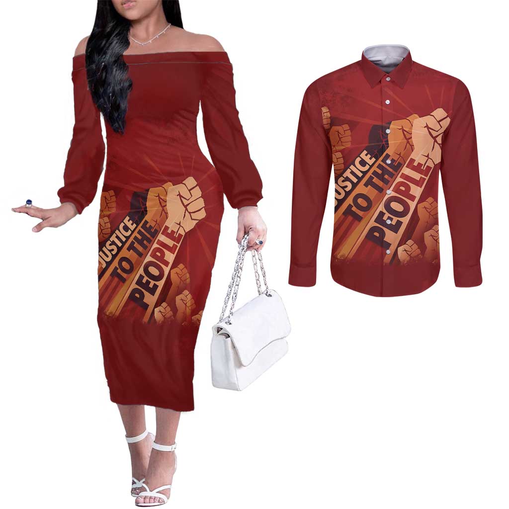 Justice To The People Couples Matching Off The Shoulder Long Sleeve Dress and Long Sleeve Button Shirt African Raised Fist