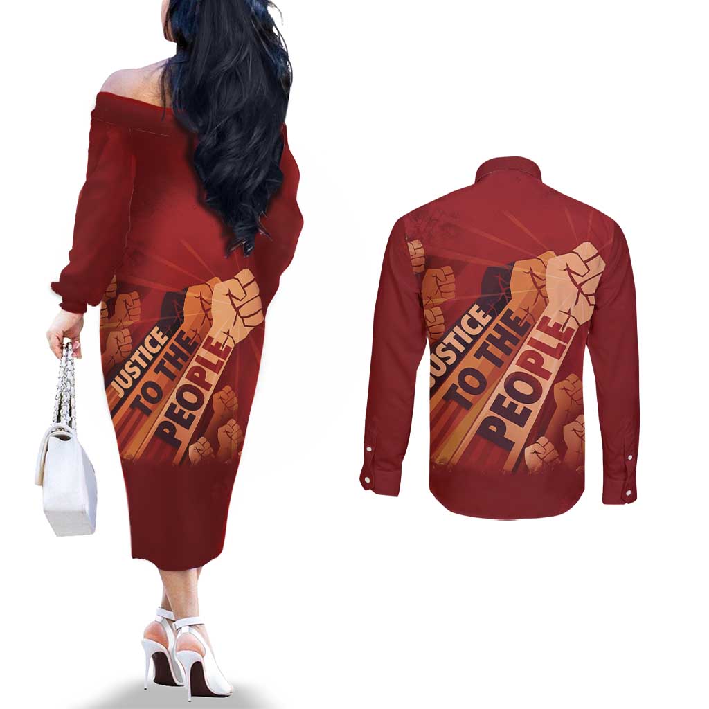 Justice To The People Couples Matching Off The Shoulder Long Sleeve Dress and Long Sleeve Button Shirt African Raised Fist