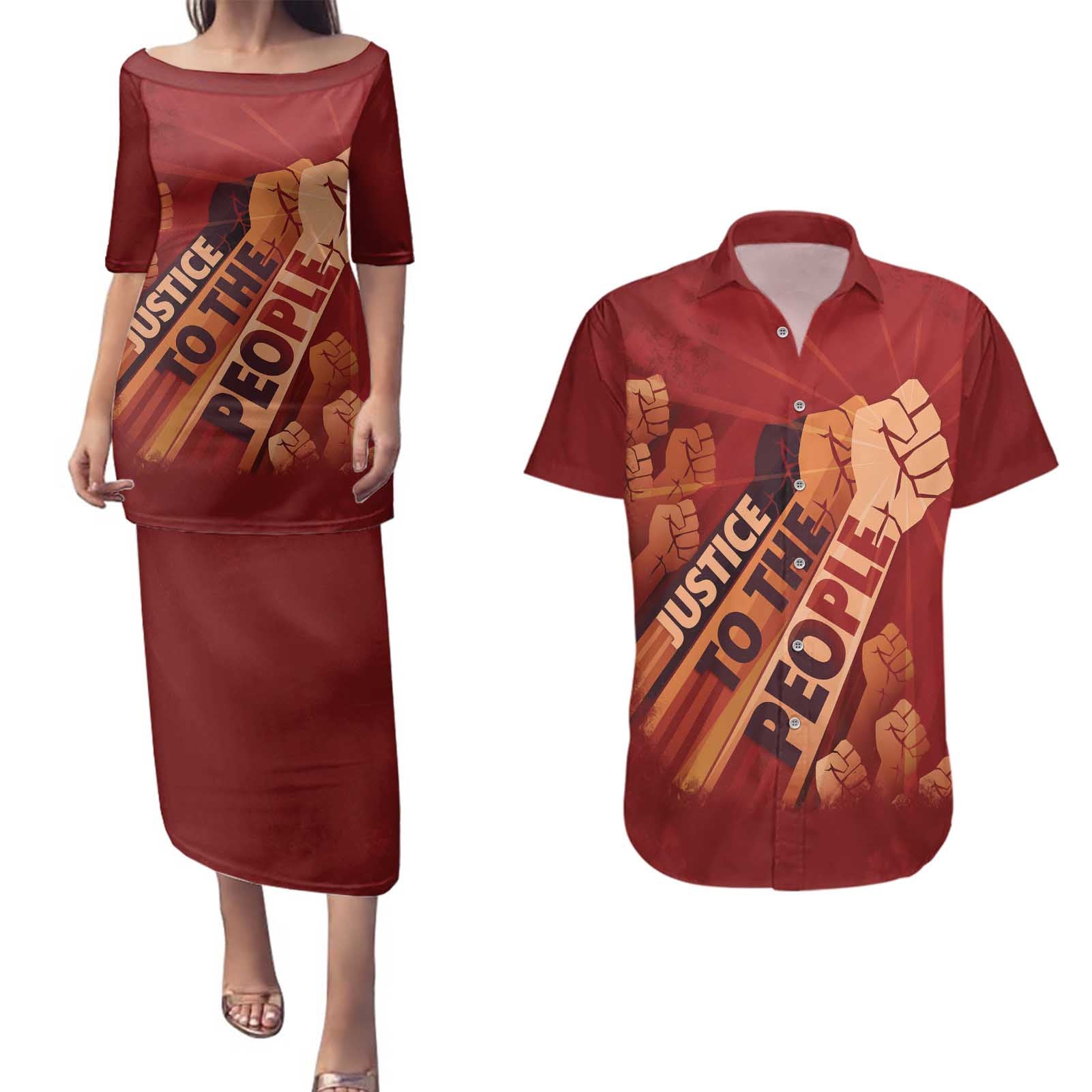 Justice To The People Couples Matching Puletasi and Hawaiian Shirt African Raised Fist