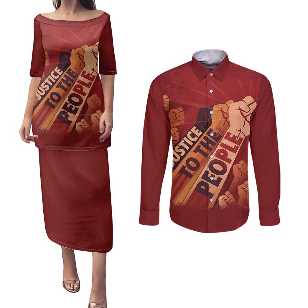 Justice To The People Couples Matching Puletasi and Long Sleeve Button Shirt African Raised Fist