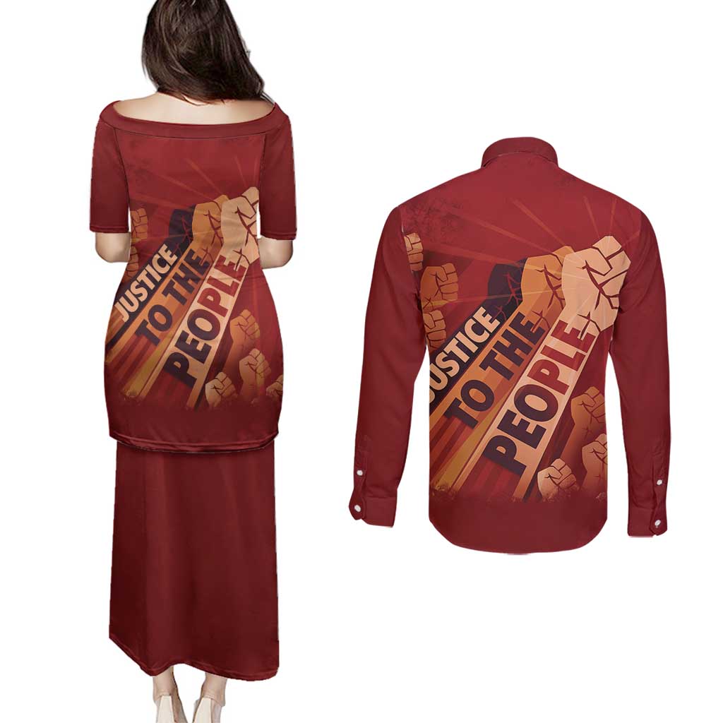 Justice To The People Couples Matching Puletasi and Long Sleeve Button Shirt African Raised Fist