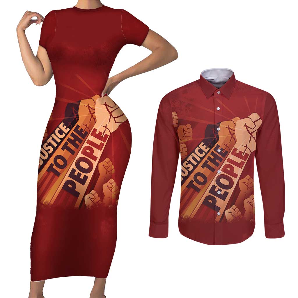 Justice To The People Couples Matching Short Sleeve Bodycon Dress and Long Sleeve Button Shirt African Raised Fist