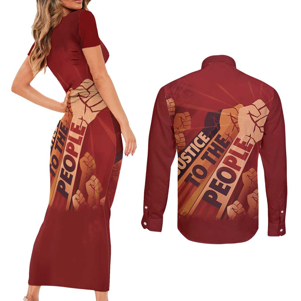 Justice To The People Couples Matching Short Sleeve Bodycon Dress and Long Sleeve Button Shirt African Raised Fist