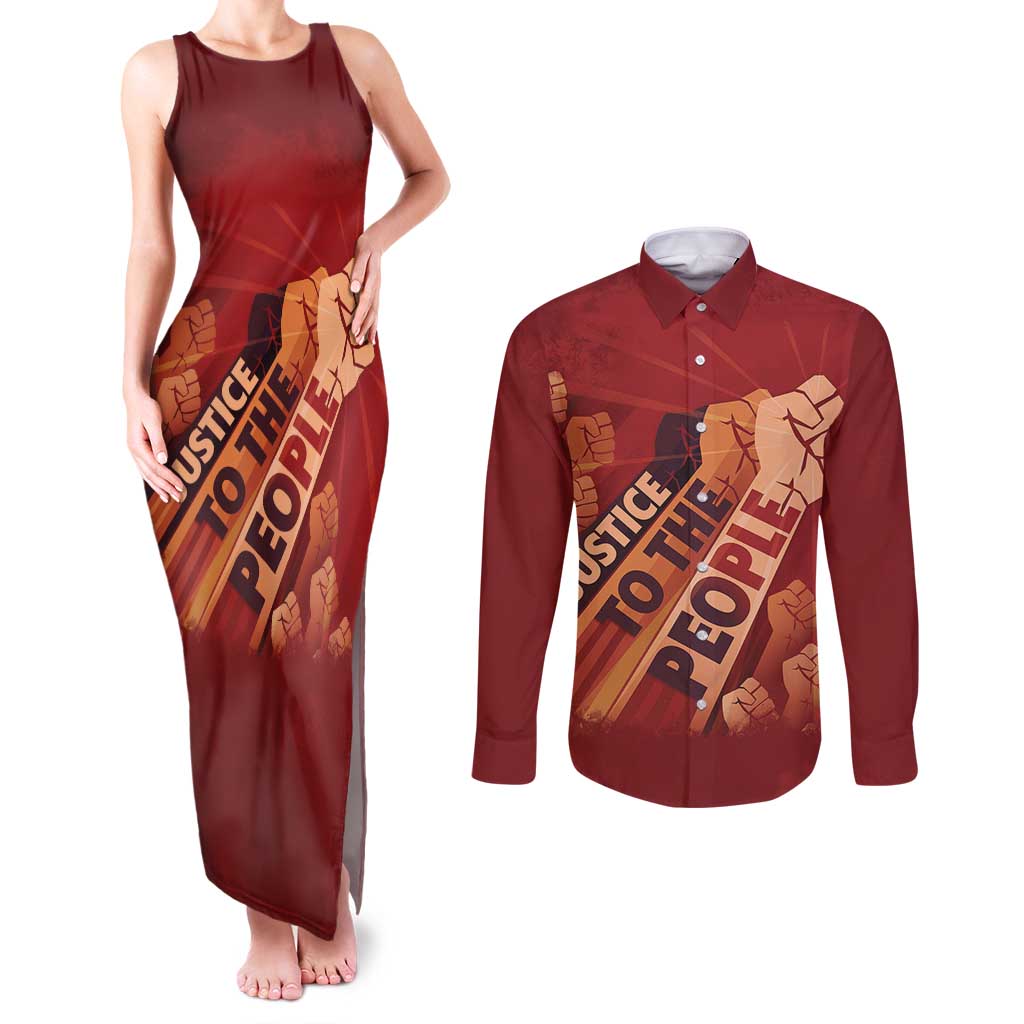 Justice To The People Couples Matching Tank Maxi Dress and Long Sleeve Button Shirt African Raised Fist