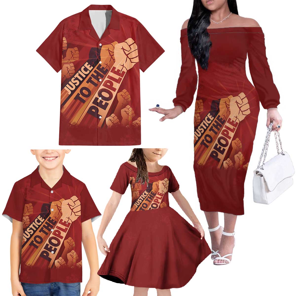 Justice To The People Family Matching Off The Shoulder Long Sleeve Dress and Hawaiian Shirt African Raised Fist