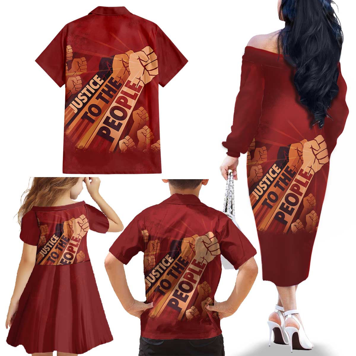 Justice To The People Family Matching Off The Shoulder Long Sleeve Dress and Hawaiian Shirt African Raised Fist