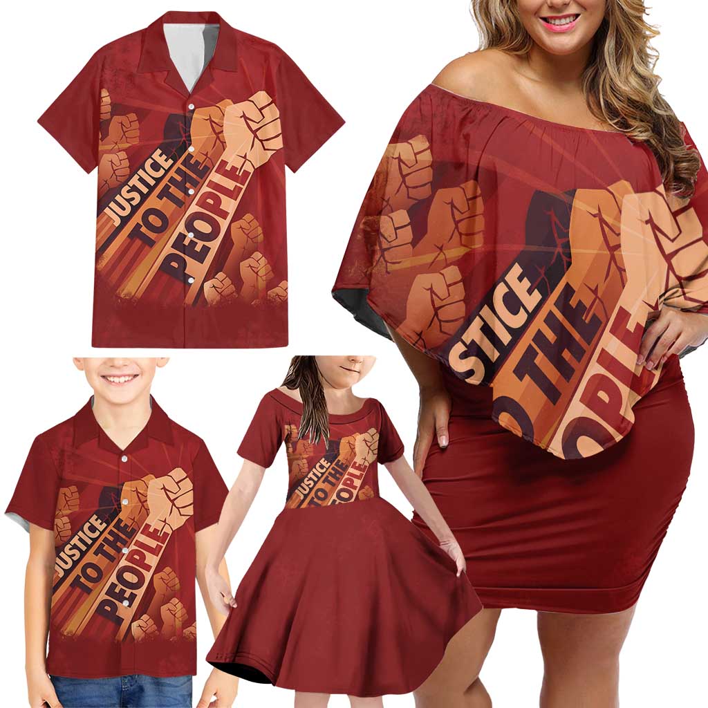 Justice To The People Family Matching Off Shoulder Short Dress and Hawaiian Shirt African Raised Fist