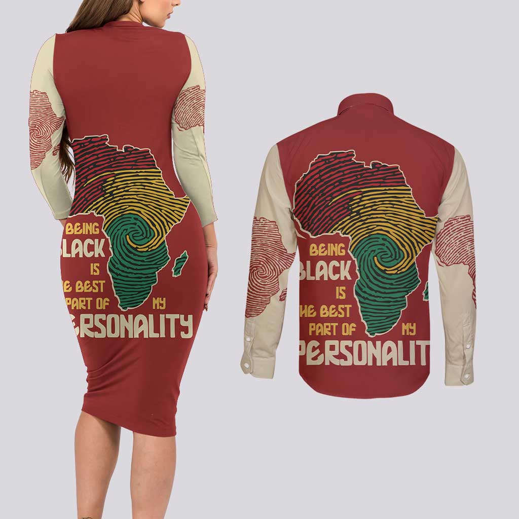 Being Black Is The Best Part Of My Personality Couples Matching Long Sleeve Bodycon Dress and Long Sleeve Button Shirt African Map Fingerprint